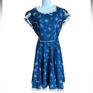 Kate Schorer Originals Floral Blue Square Dance Dress with Lace Trim Size Large